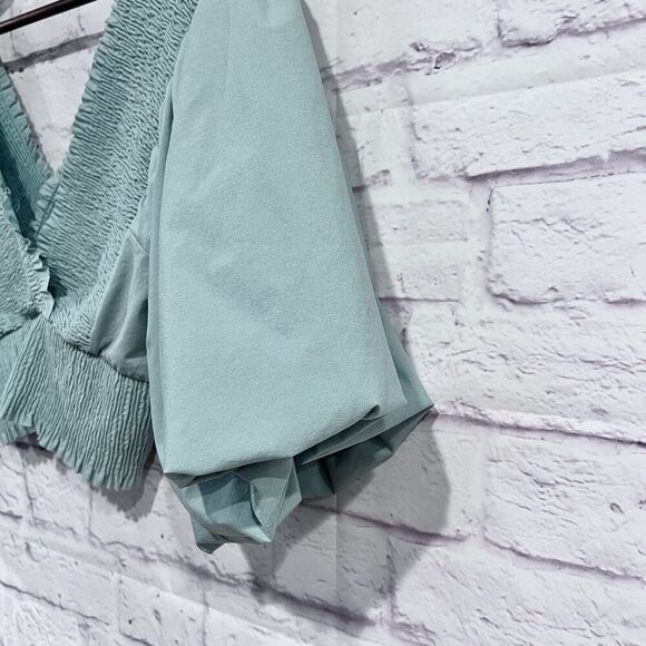 Zara Size Medium Teal Puff Ballon Sleeve V Neck Ruched Cropped Top Stretchy - Picture 5 of 11